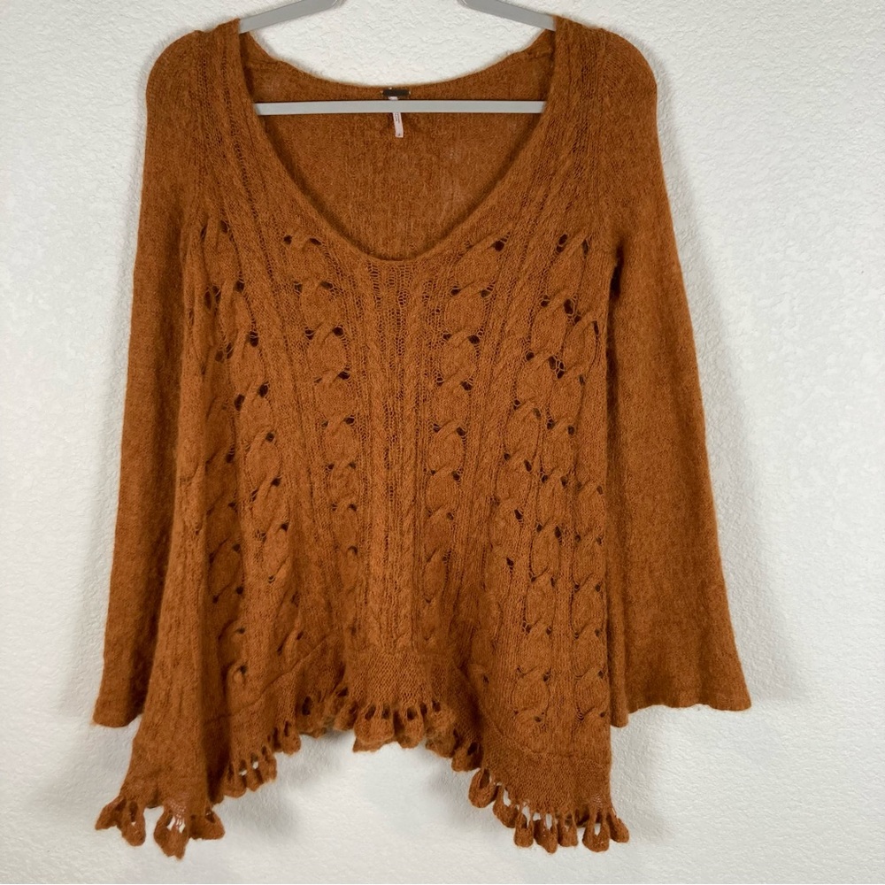 Free People Women’s S alpaca v-neck sweater, cables, bobbles, and flared sleeves